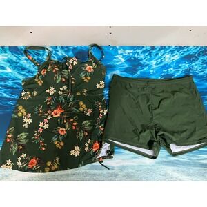 ☀️Olive Green Floral Butterfly Tankini Swim Dress with Boy Shorts Set